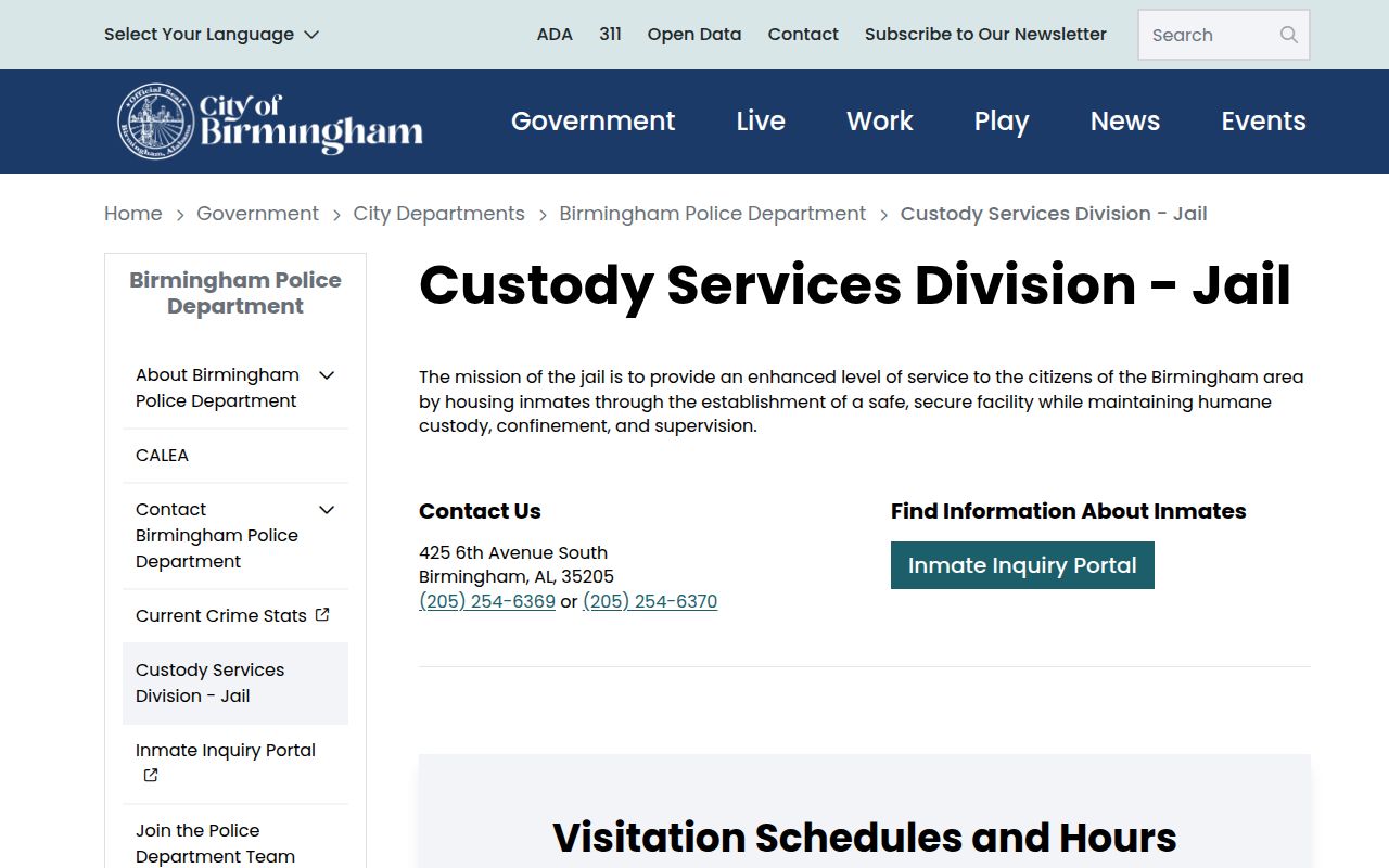 Birmingham City Jail Custody Services Division information page