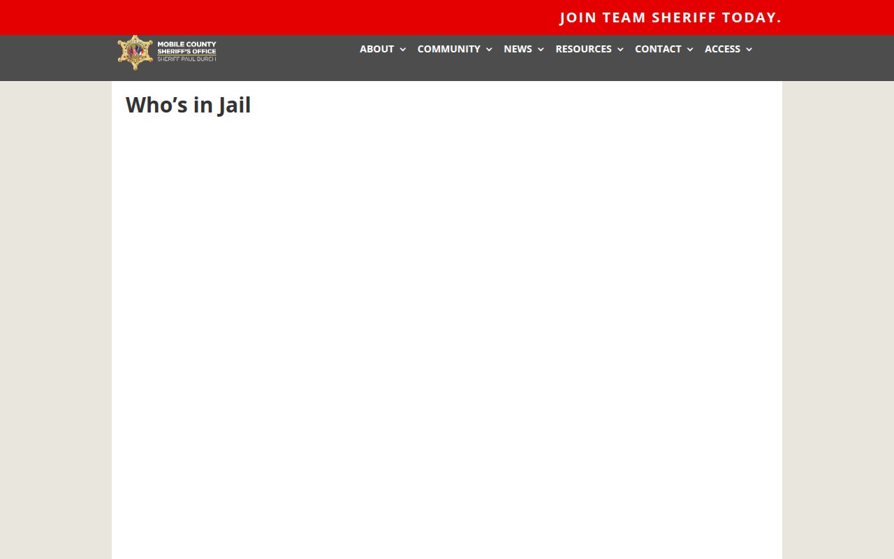 Mobile County Sheriff Who's In Jail search page for finding current inmates