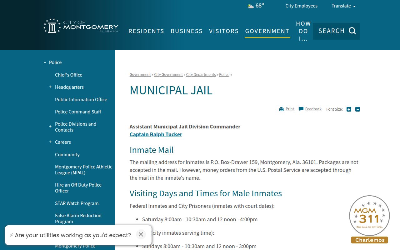 Montgomery Municipal Jail information page from city police department