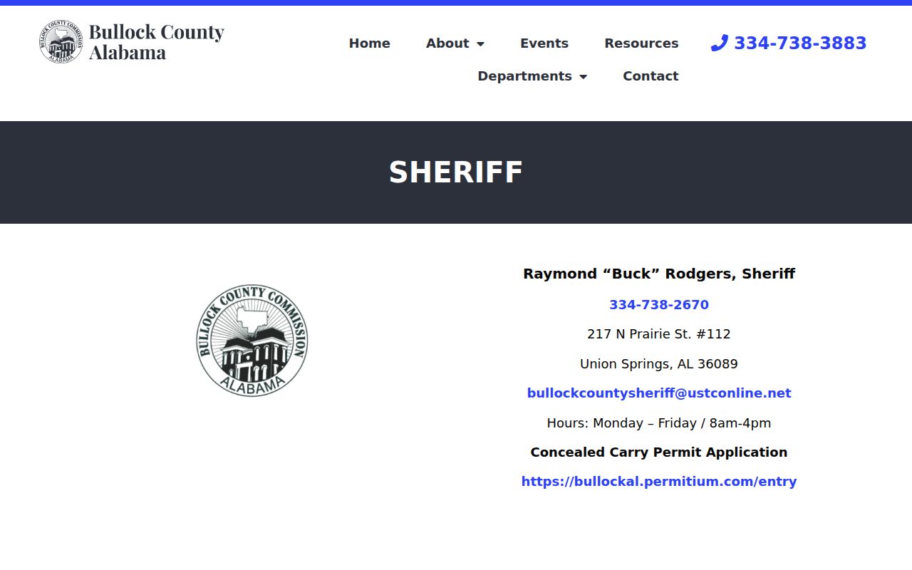 Bullock County Sheriff Office homepage for jail roster information