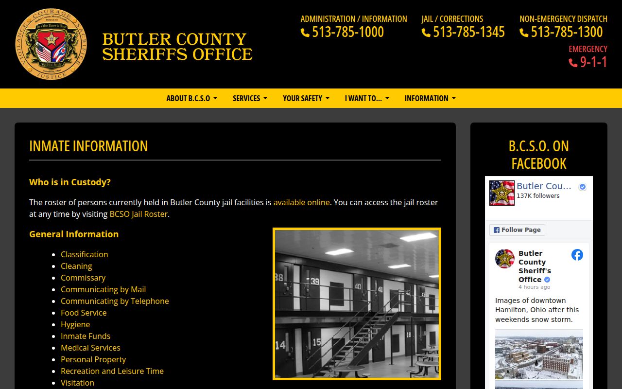 Butler County Sheriff jail roster lookup page for inmate search