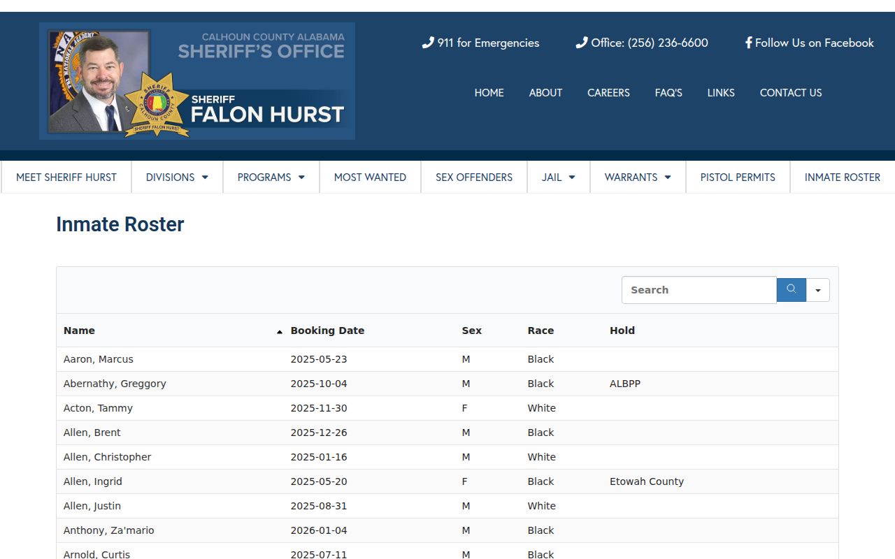 Calhoun County Sheriff inmate roster search page