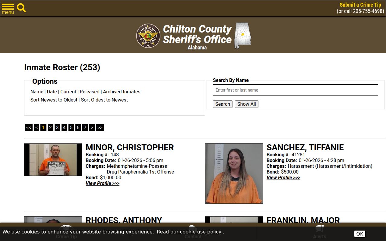 Chilton County Sheriff jail roster page with current inmate listings