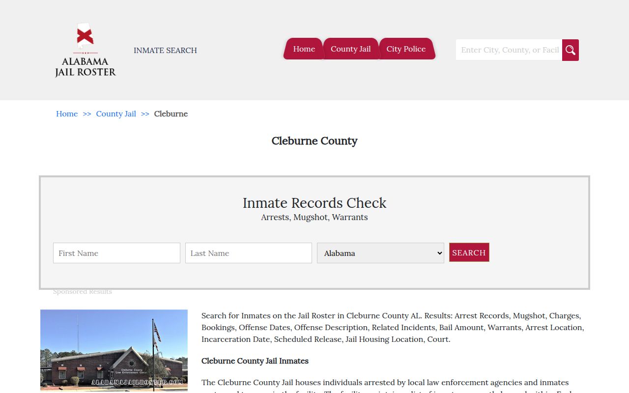 Cleburne County Sheriff inmate roster page with current inmates