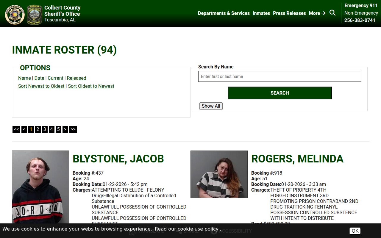 Colbert County Sheriff jail roster page showing current inmates