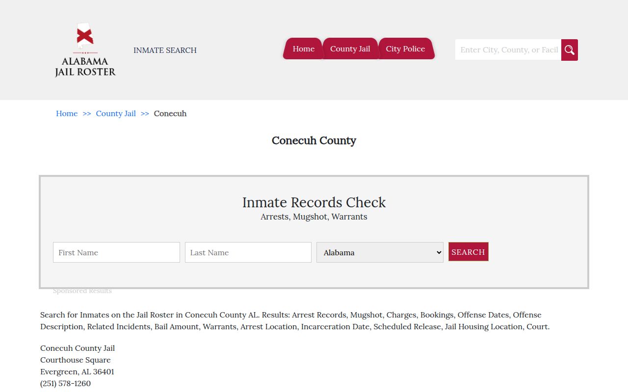 Conecuh County jail information for roster searches