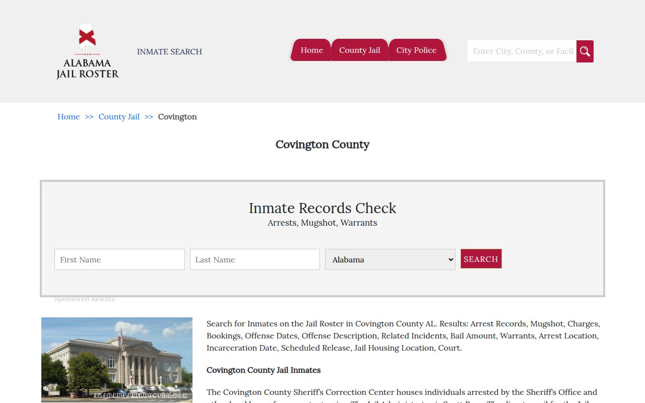 Covington County jail roster search page showing inmate lookup options