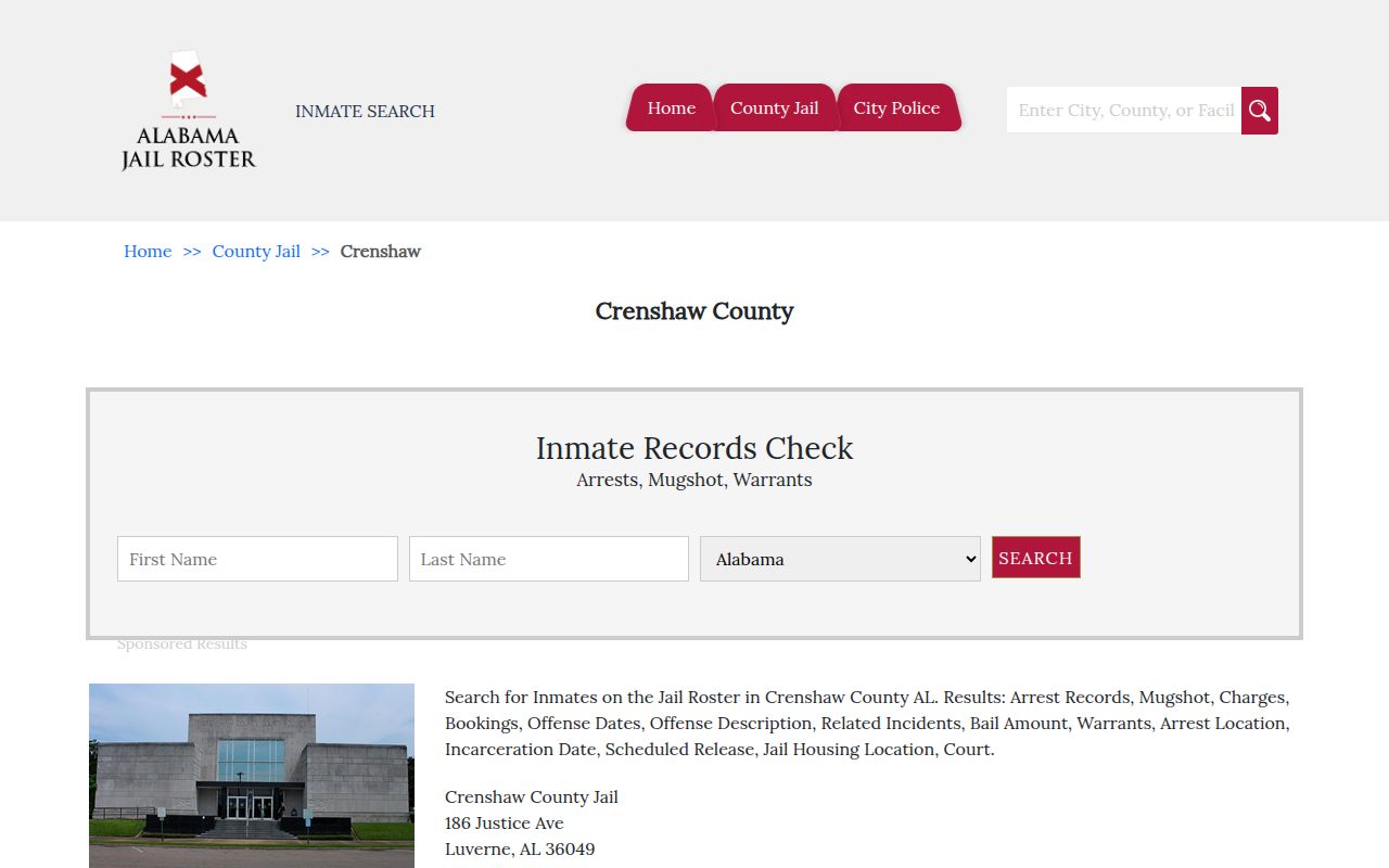 Crenshaw County Sheriff's Office website showing jail roster information