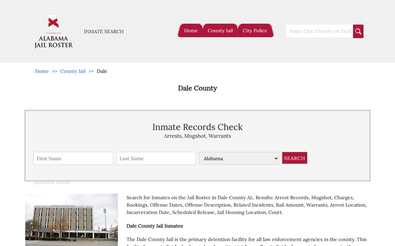 Dale County Sheriff's Office jail roster page with inmate search options