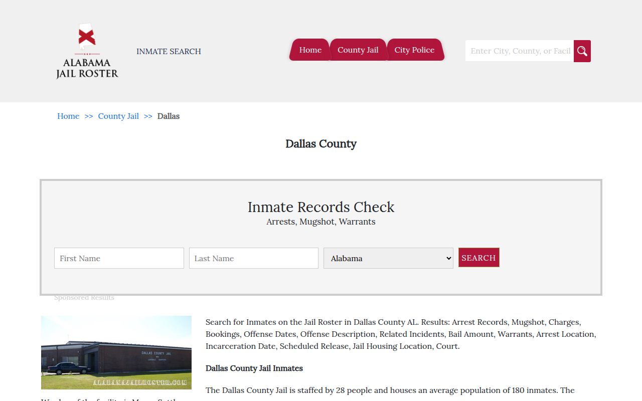 Dallas County jail roster information showing inmate lookup options