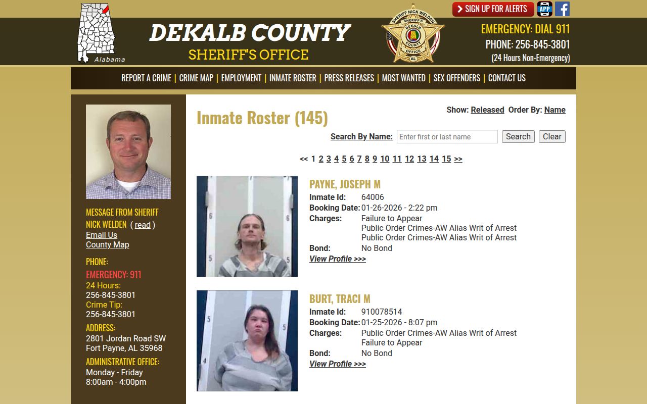 DeKalb County Sheriff's Office jail roster page showing current inmates and search options