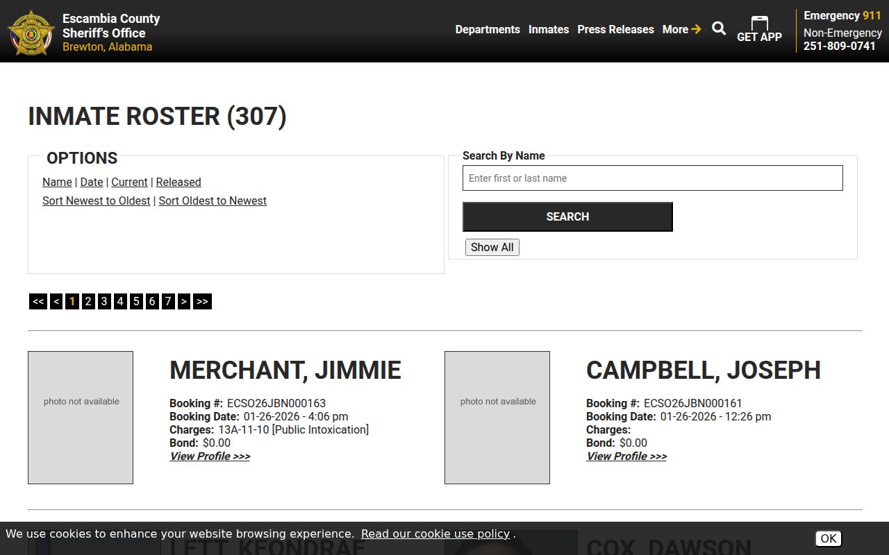 Escambia County Sheriff's Office jail roster page with search options and inmate listings