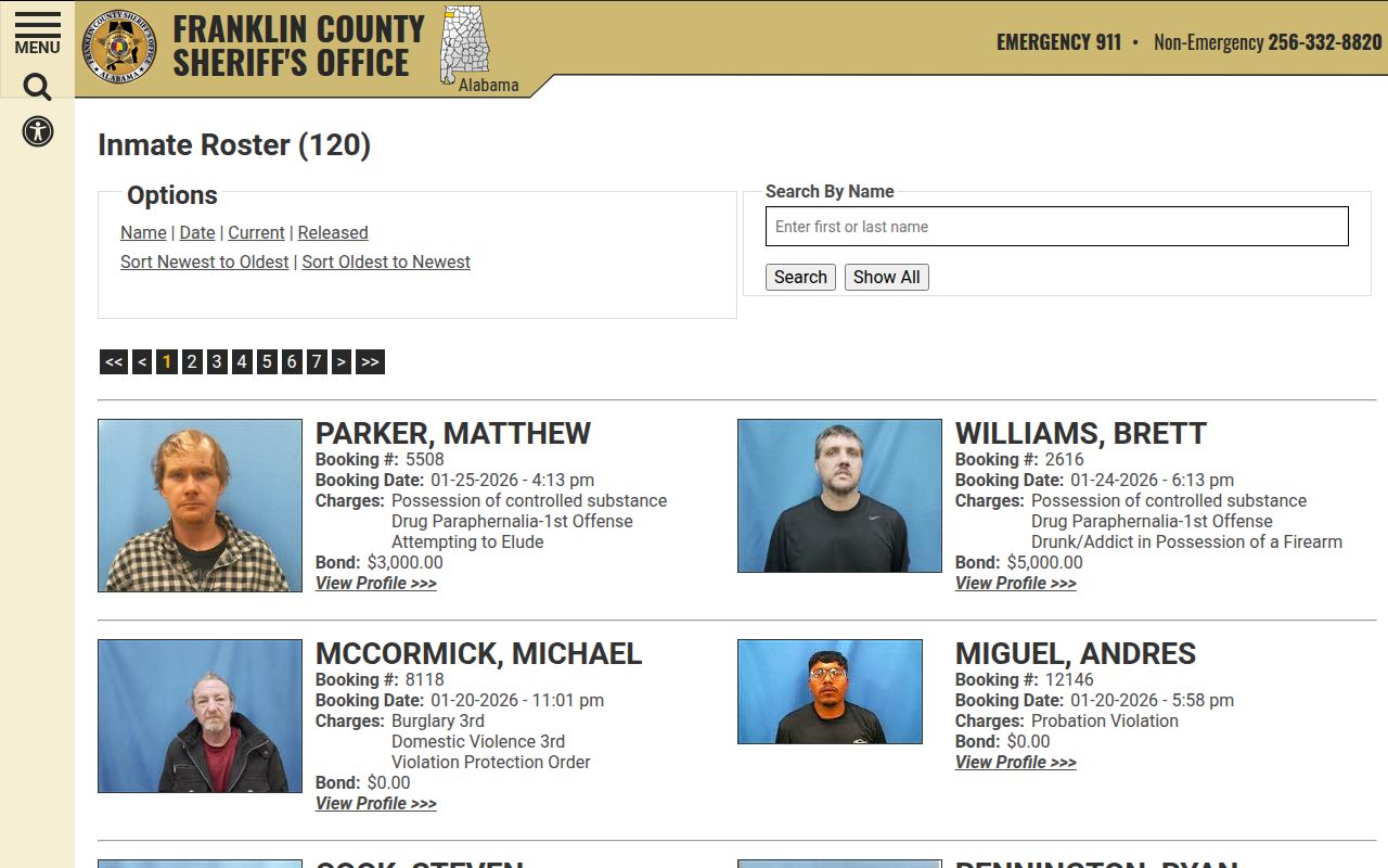 Franklin County Sheriff's Office inmate roster page with current inmates and booking details