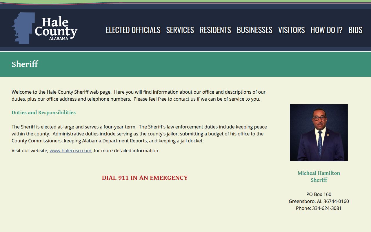 Hale County Sheriff's Office website showing contact information and services