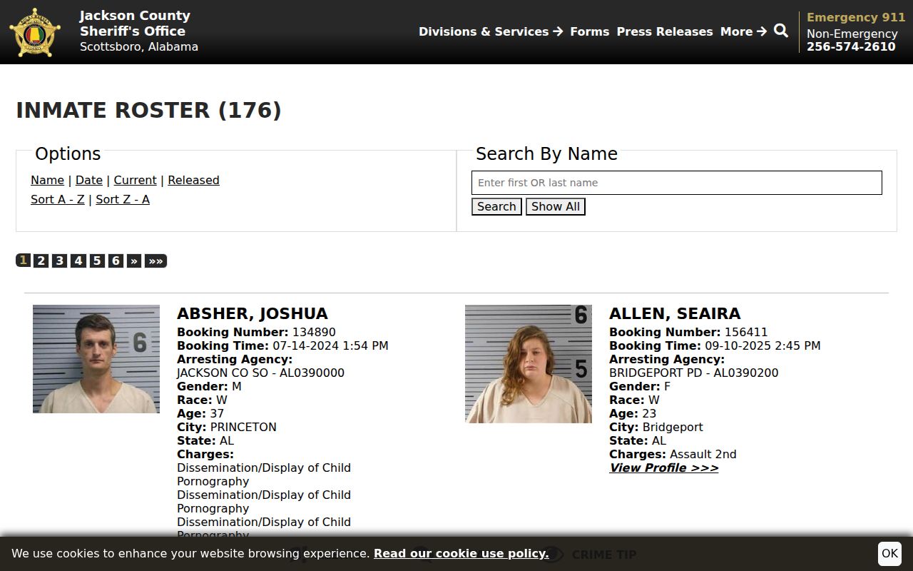 Jackson County Sheriff's Office jail roster page showing current inmates with mugshots and booking details