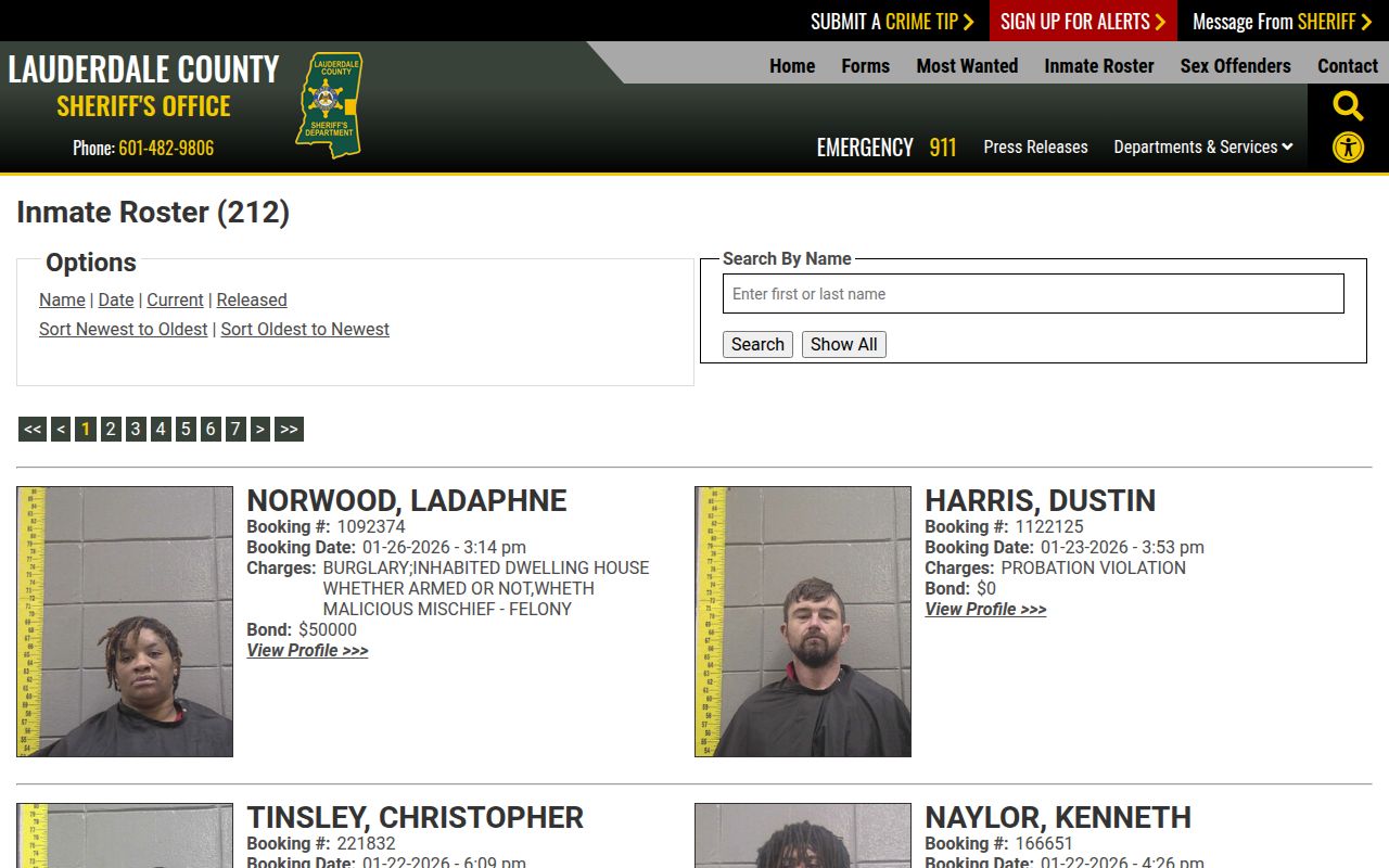 Lauderdale County Sheriff's Office jail roster page showing current inmates with search options