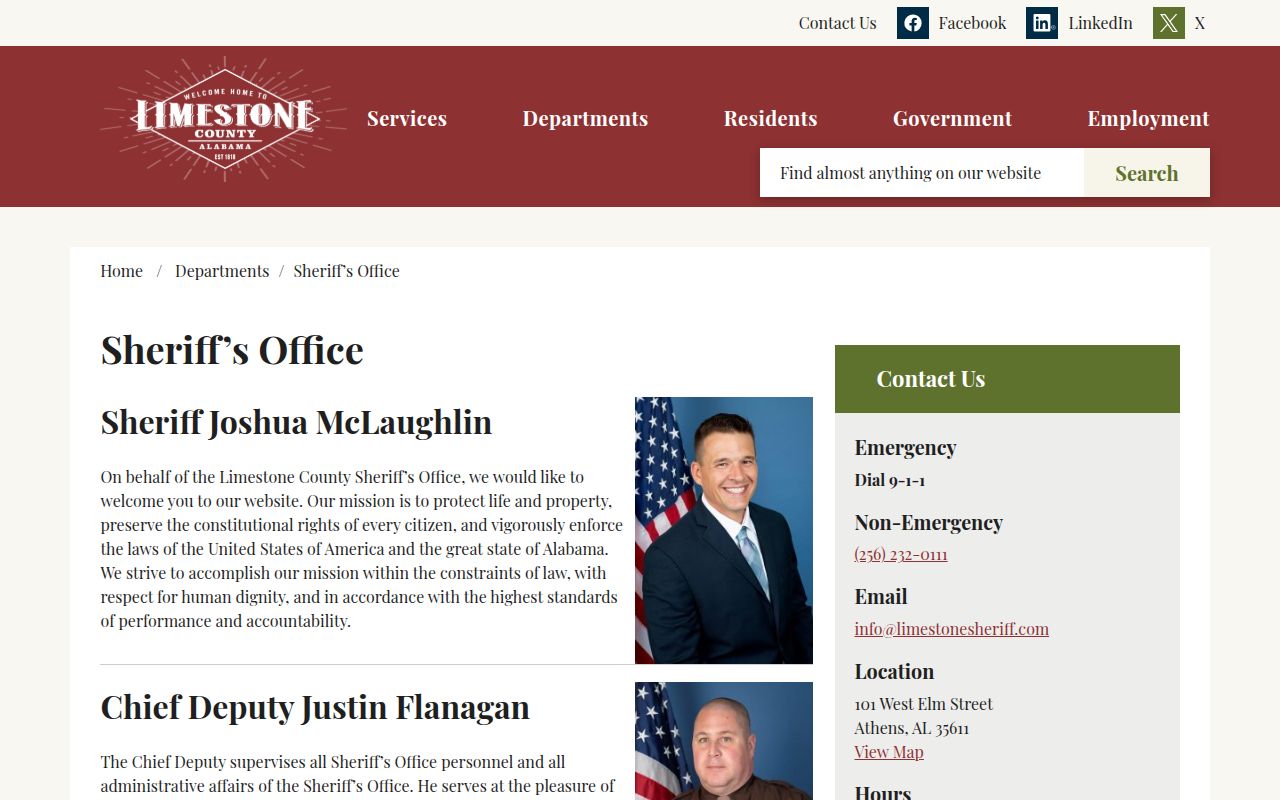 Limestone County Sheriff's Office website page showing contact information and services