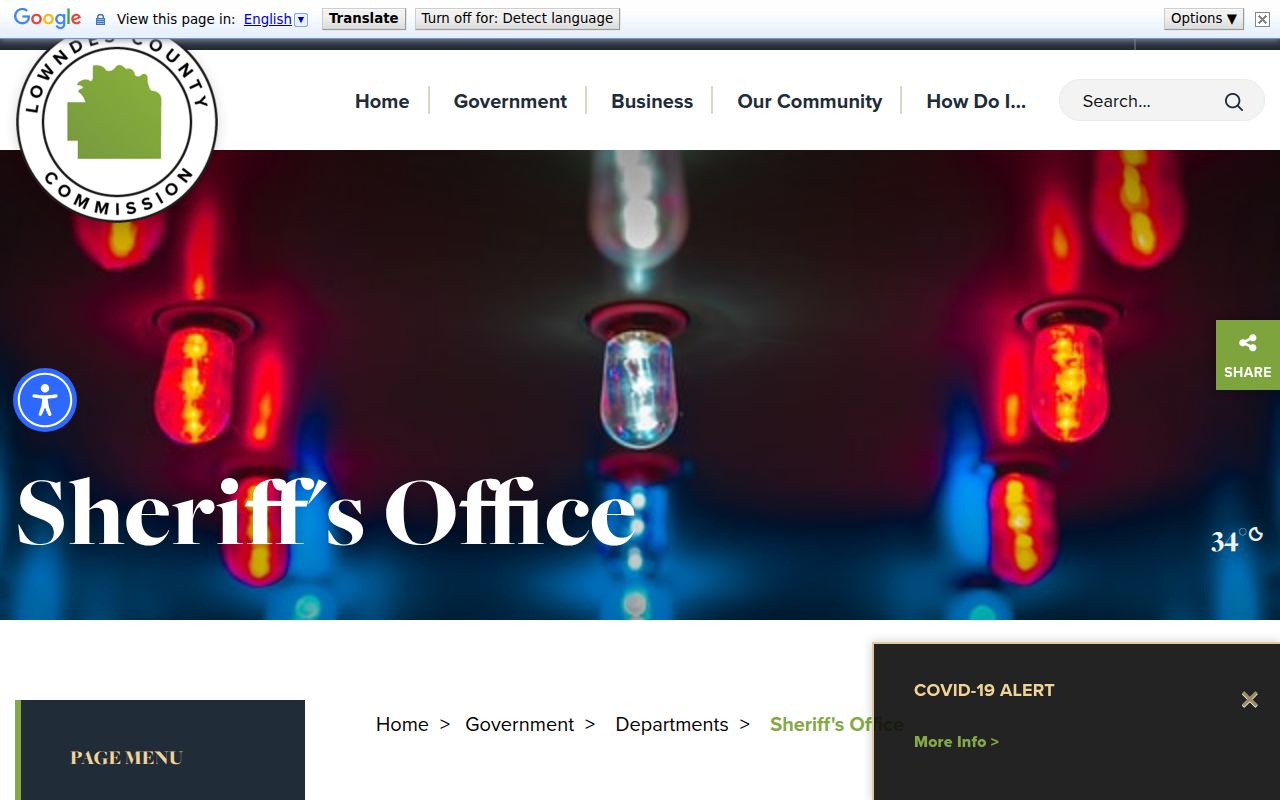 Lowndes County Sheriff's Office website page showing department information and services