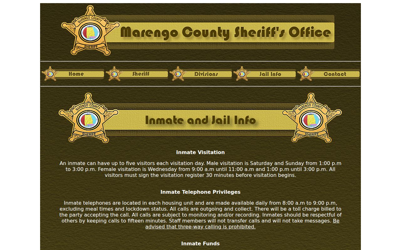 Marengo County Sheriff's Office jail information page showing visitation hours and contact details in Linden Alabama