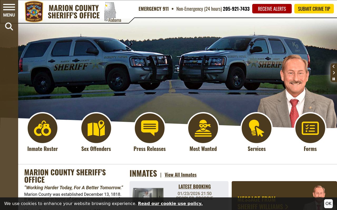 Marion County Sheriff's Office website homepage showing jail roster link and contact information for Hamilton Alabama