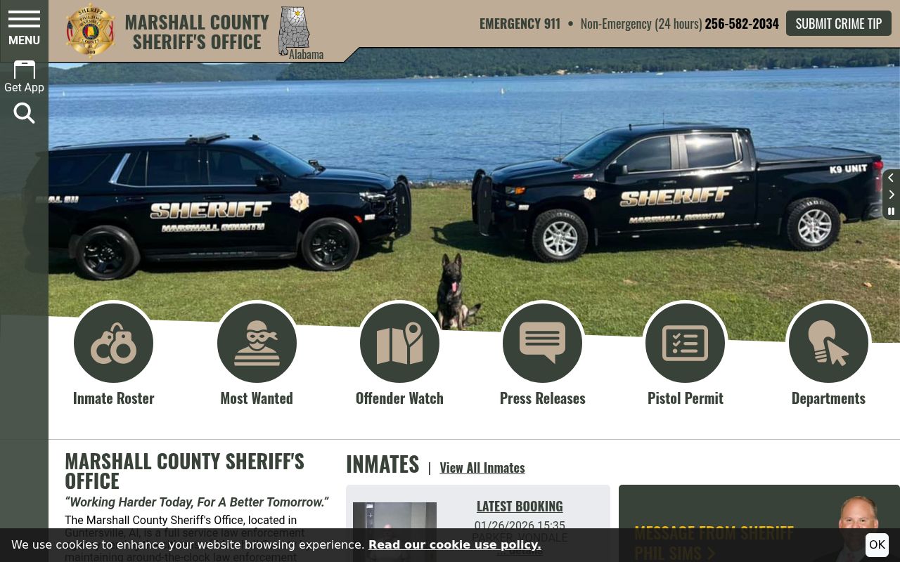 Marshall County Sheriff's Office website homepage showing inmate roster access and contact information for Guntersville Alabama