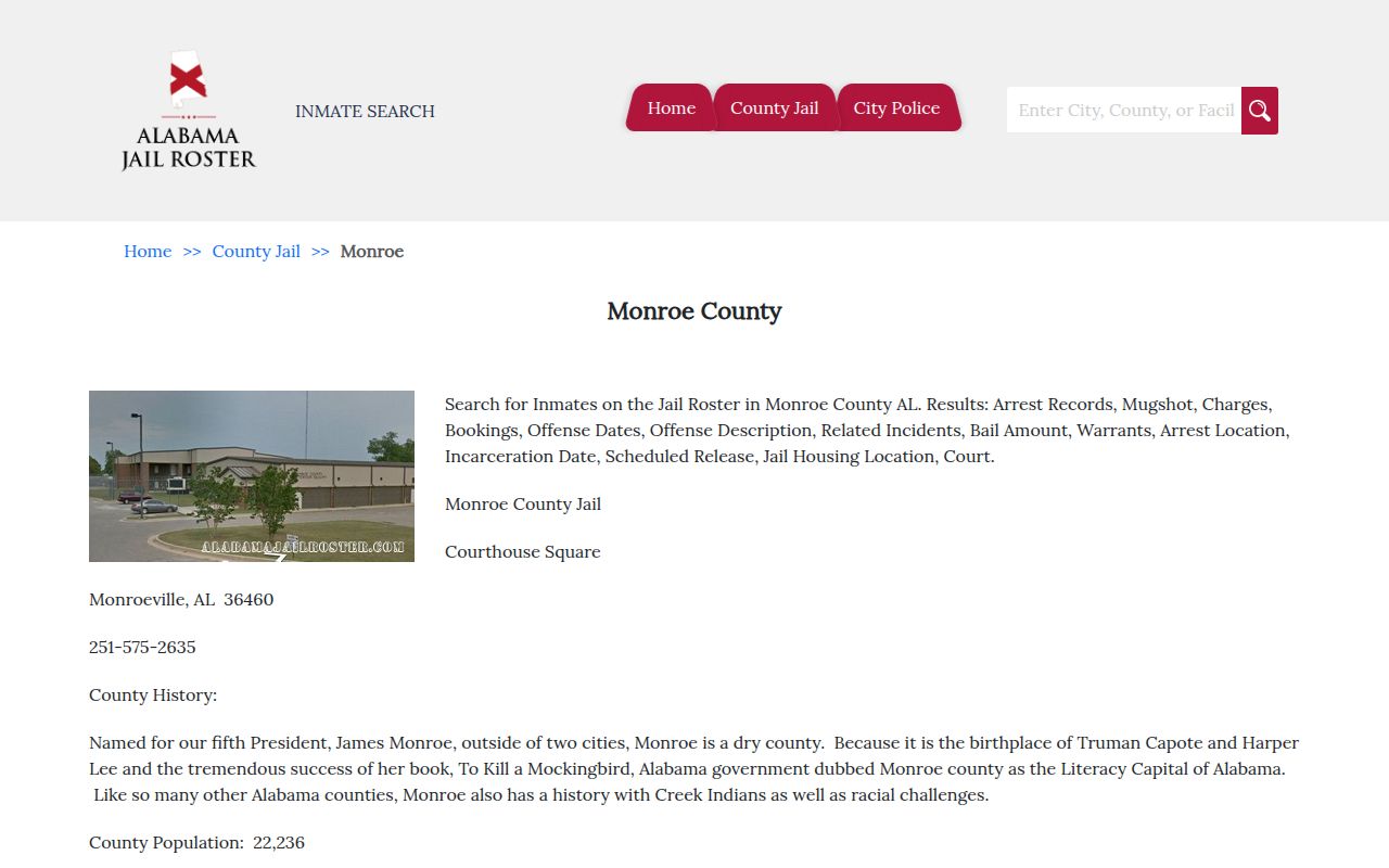 Monroe County jail information showing contact details and address for the detention facility in Monroeville Alabama