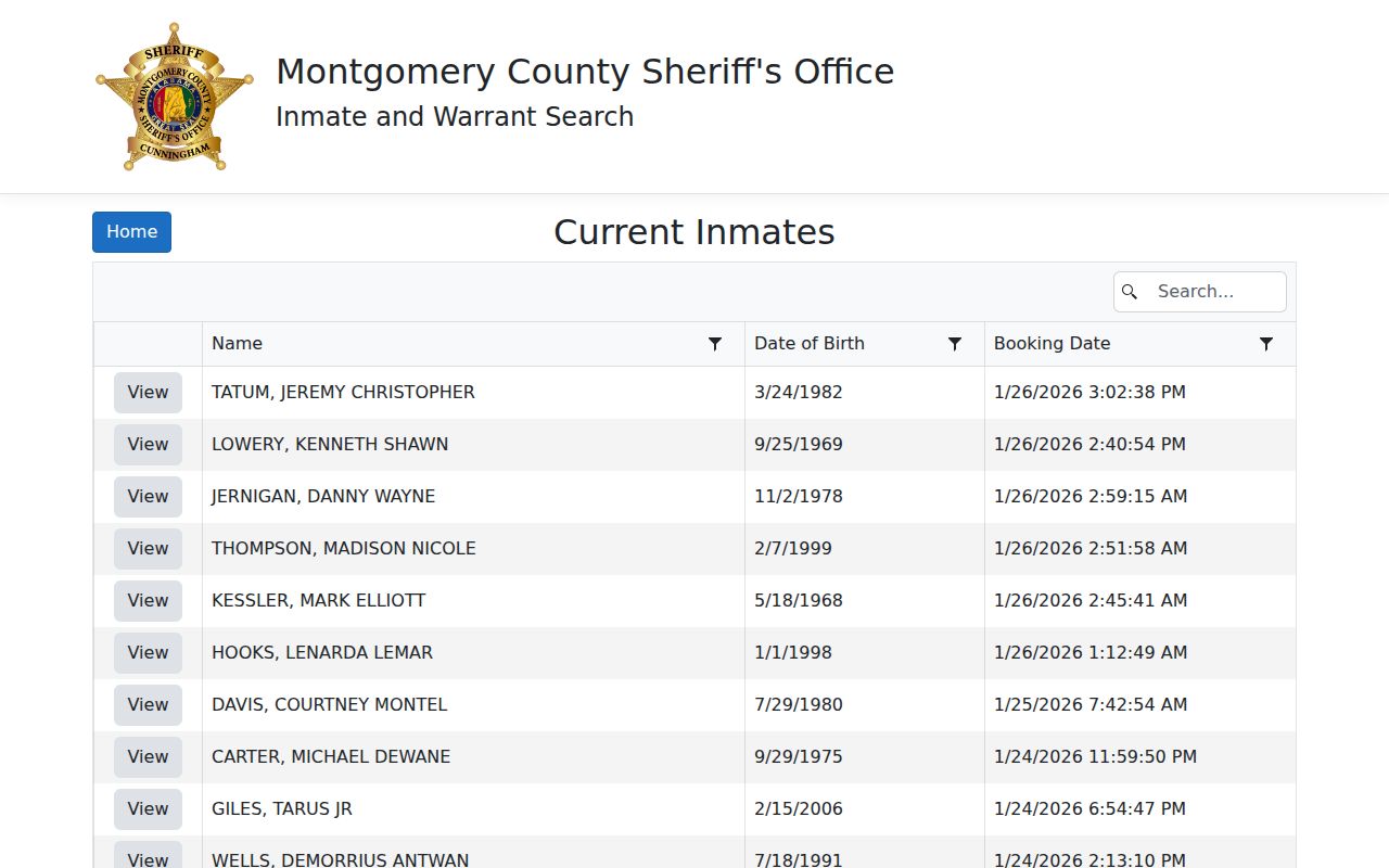 Montgomery County inmate search results page showing current inmates at Mac Sim Butler Detention Facility in Alabama