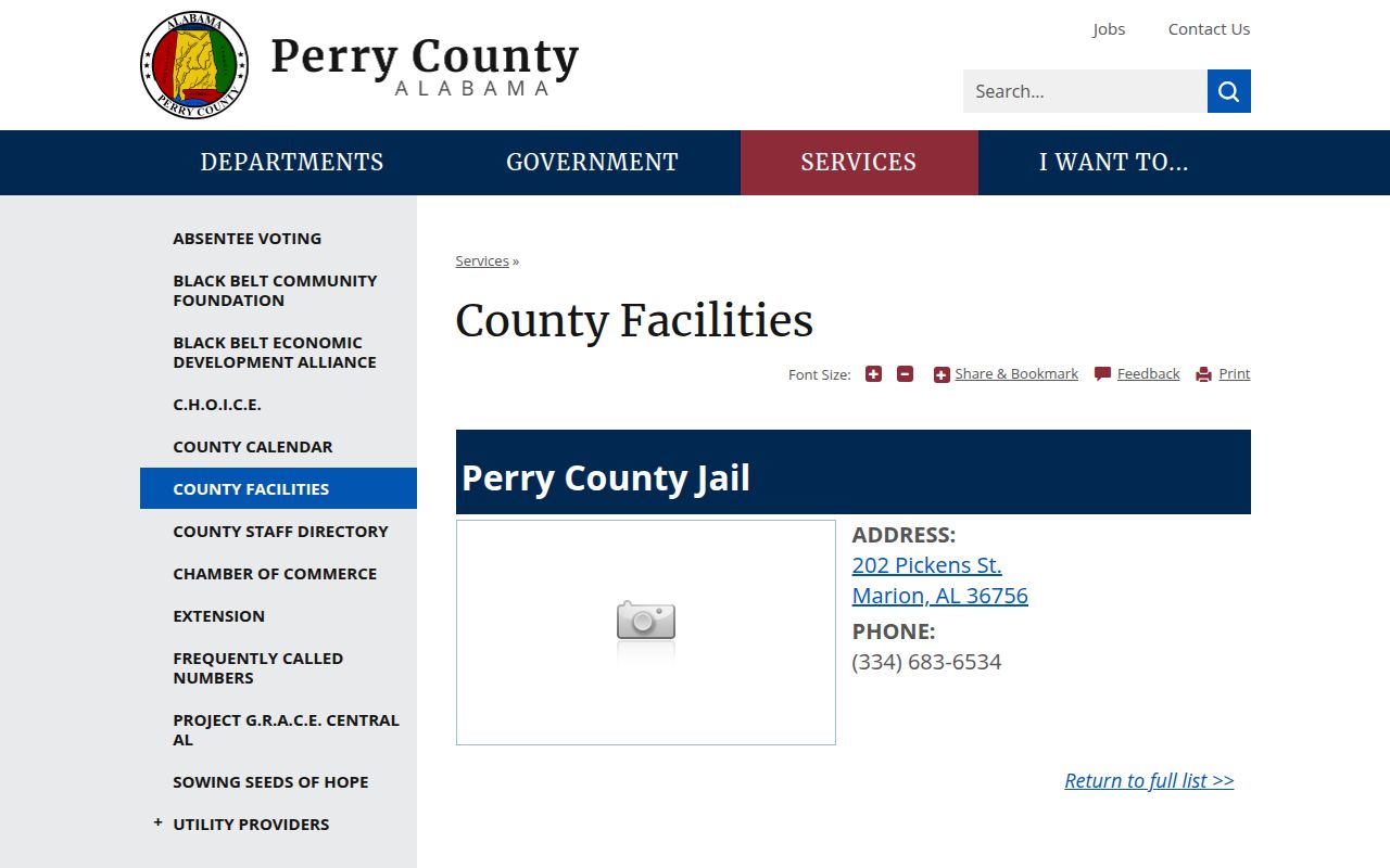Perry County jail information showing the detention facility address and contact details in Marion Alabama