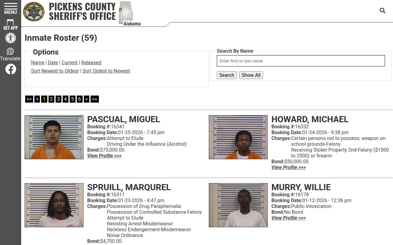 Pickens County Sheriff's Office inmate roster showing current inmates with mugshots and booking information in Carrollton Alabama
