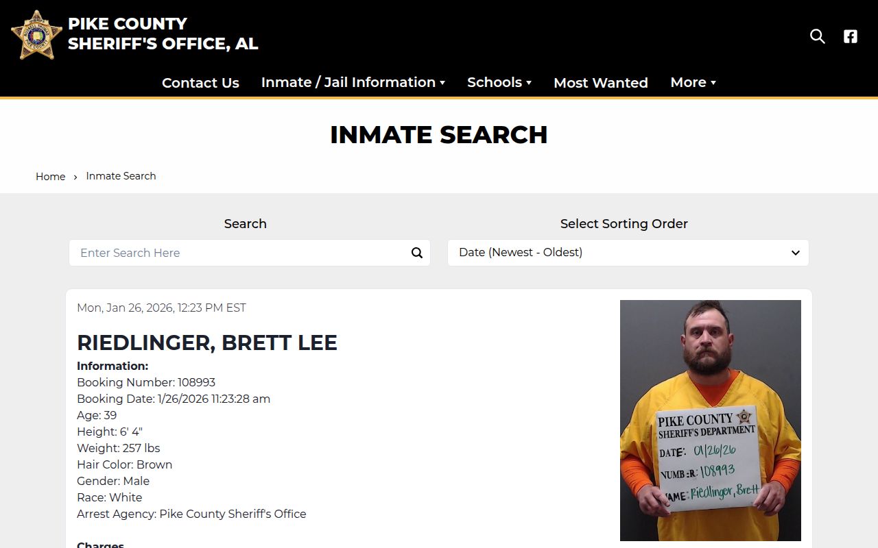 Pike County Sheriff's Office inmate roster showing detailed inmate information with mugshots and booking details in Troy Alabama