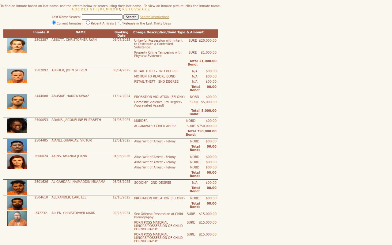 Shelby County online inmate listing portal with search interface