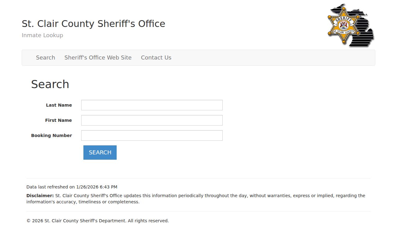 St. Clair County inmate lookup search interface showing search fields