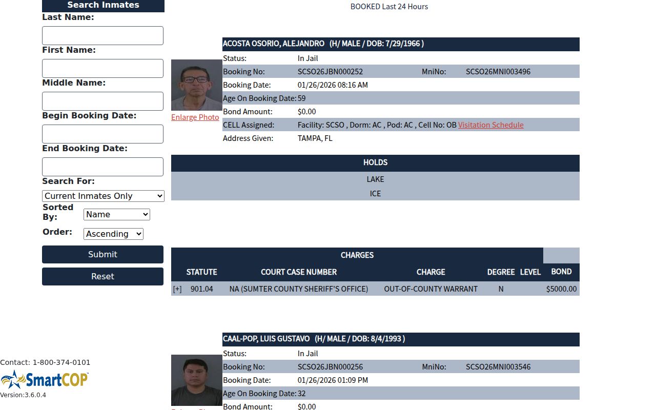 Sumter County JAIL View portal showing inmate search interface