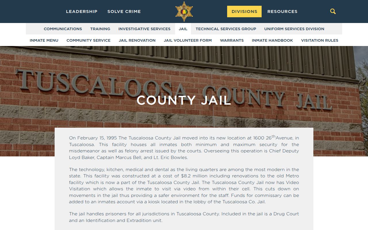 Tuscaloosa County Sheriff's Office jail division page showing inmate search