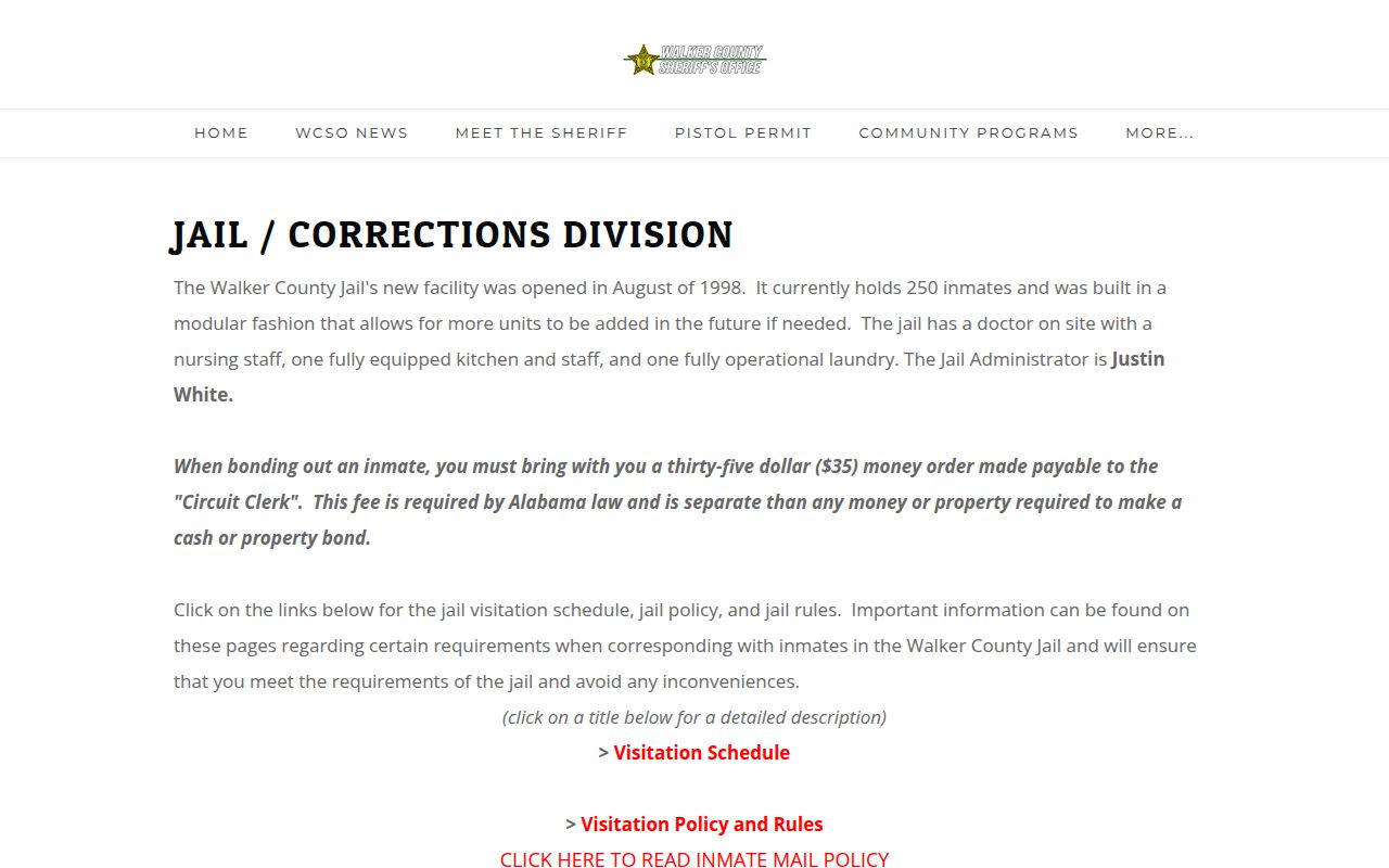 Walker County Sheriff's Office jail page showing facility information