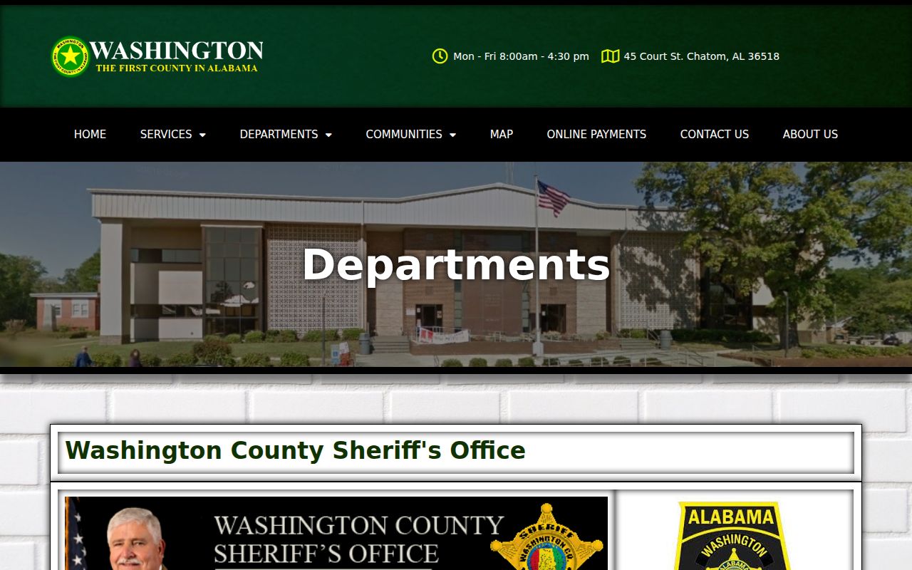 Washington County Sheriff's Department page showing contact information
