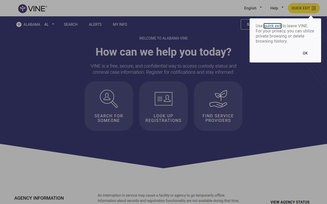 Alabama VINE victim notification system for tracking inmate custody status